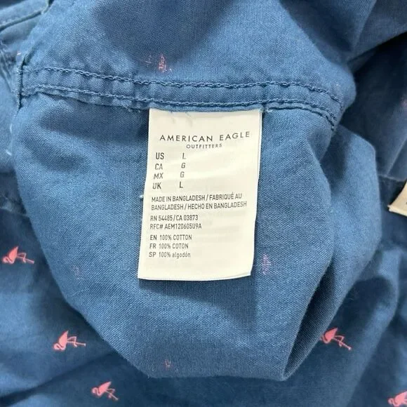 American Eagle L Blue Flamingo Print Button Up Shirt 100% Cotton Business Casual - Picture 7 of 8